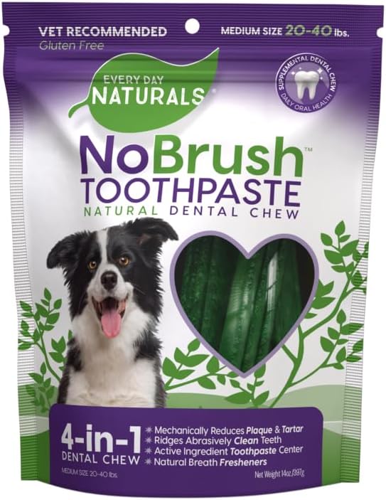 Every Day Naturals Dog Dental Chew, No Brush Toothpaste for Medium Breeds, Freshens Breath, Unique Texture Helps Reduce Plaque & Tartar, 14 oz, 1 Pack