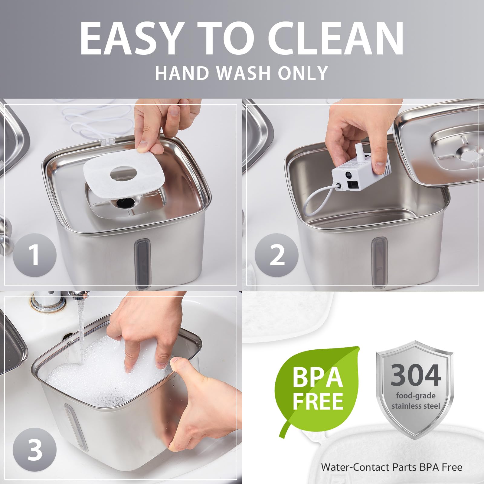 Veken Innovation Award Winner Stainless Steel Cat Water Fountain, 95oz/2.8L Automatic Pet Fountain Dog Water Dispenser with Replacement Filters & Silicone Mat, Gifts for Cats, Dogs (Silver)