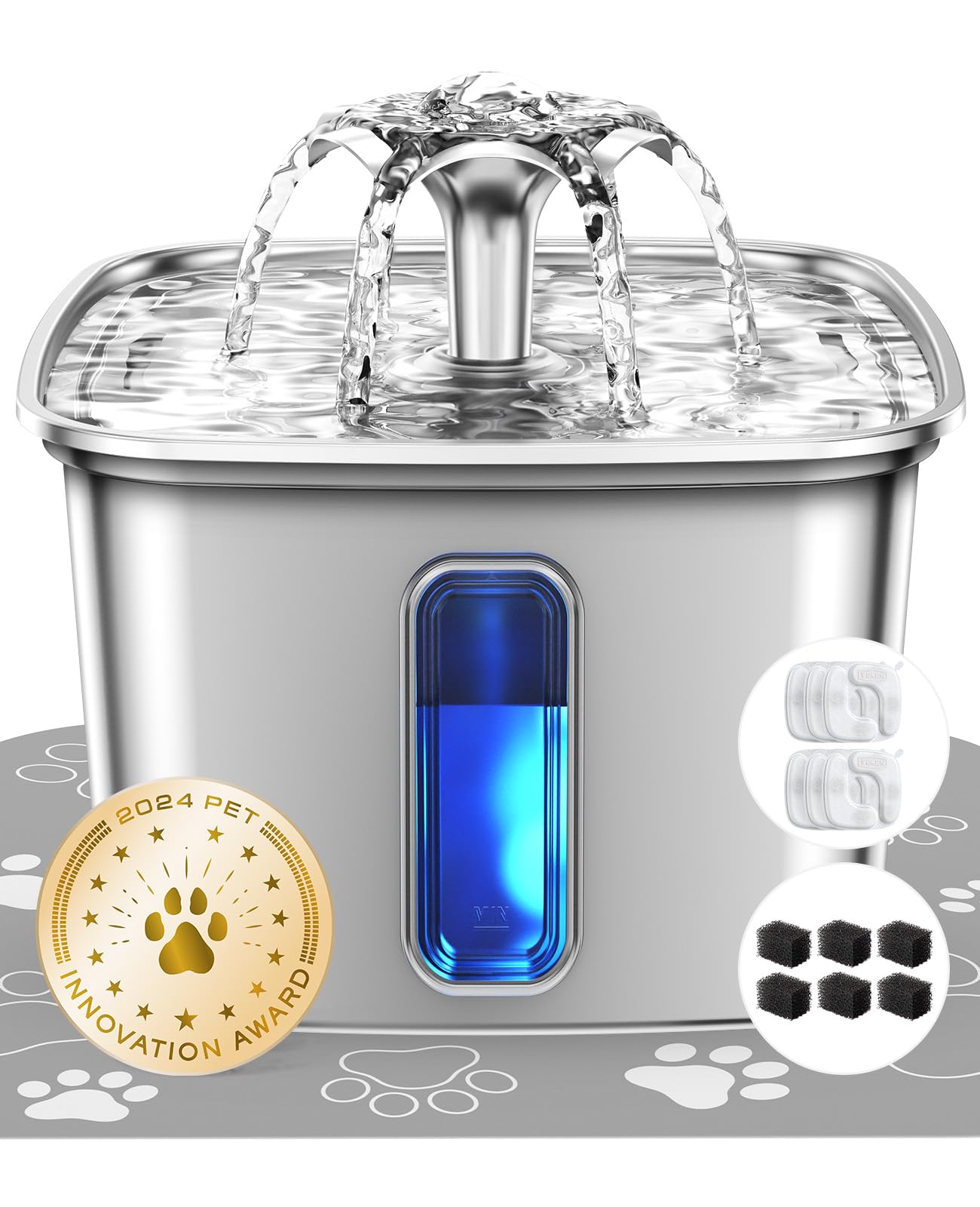 Veken Innovation Award Winner Stainless Steel Cat Water Fountain, 95oz/2.8L Automatic Pet Fountain Dog Water Dispenser with Replacement Filters & Silicone Mat, Gifts for Cats, Dogs (Silver)