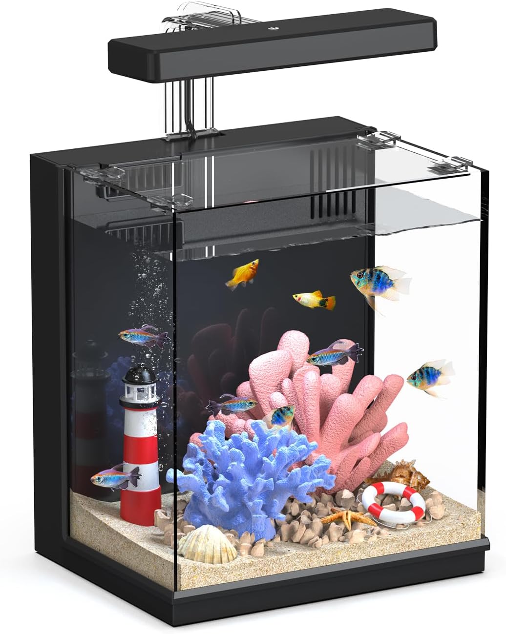 Beta Fish Tank, 2 Gallon Betta Fish Aquariums with Filter & Light, for Men, Fish Tanks for Kids & Starter, Black